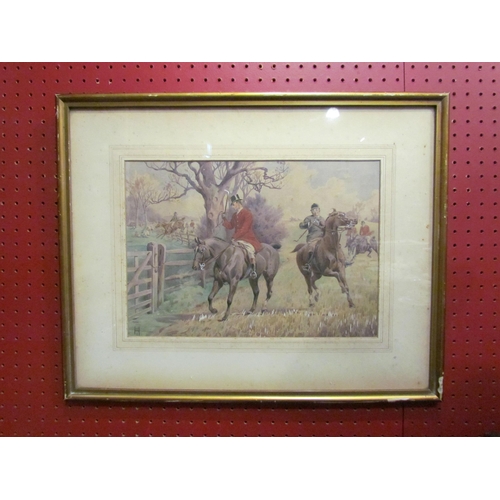 4043 - A pair of hunting scene watercolours, one monogrammed lower left, the other signed lower left Hodgso... 