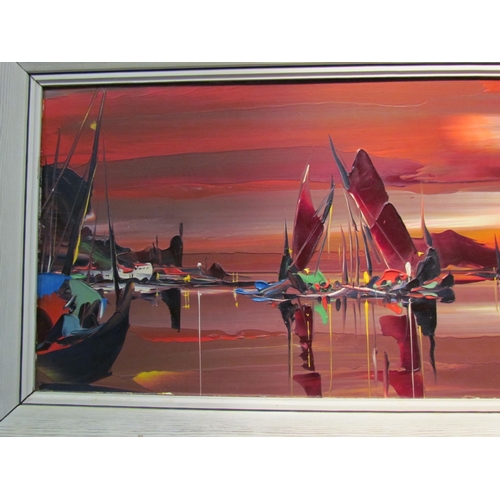 4049 - GEORGE RICHARD DEAKINS (1911-1981) A mid century oil on canvas depicting a seascape with boats, red ... 