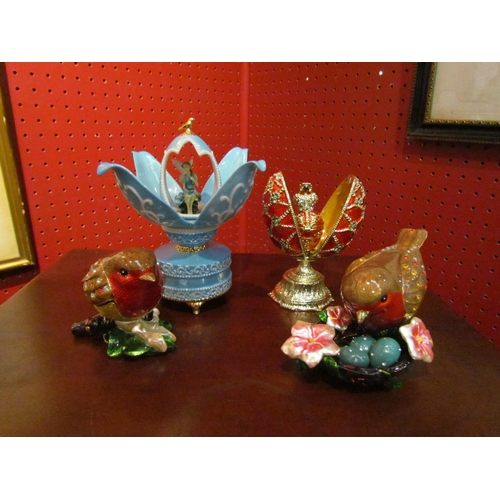 4050 - Two Bradex enamelled figures of robins together with an Enchanted Dreams Heirloom Porcelain musical ... 