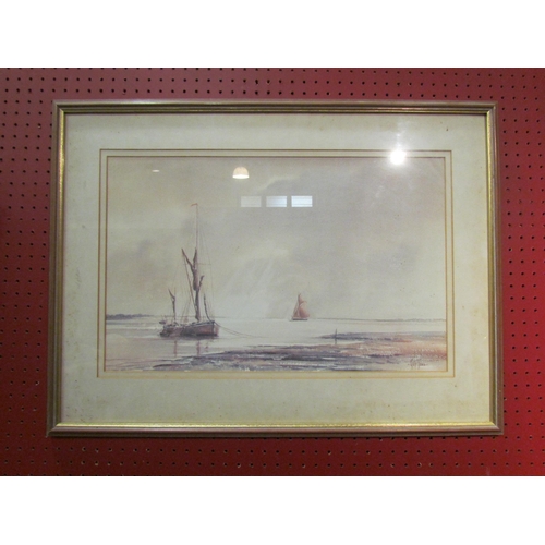 4070 - GUY TODD (1925-2003): A framed and glazed watercolour of moored boats on still waters, signed bottom... 