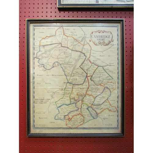 4087 - An early 20th Century hand-coloured map of Cambridgeshire, ebonised frame, 42cm x 35cm image size