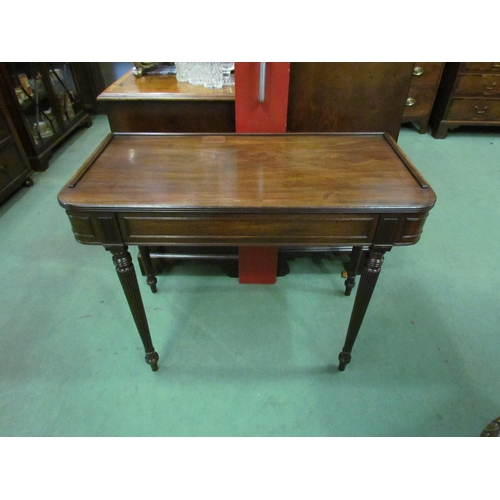 4095 - A 19th Century flame mahogany side table, the round corner front over turned and fluted tapering leg... 