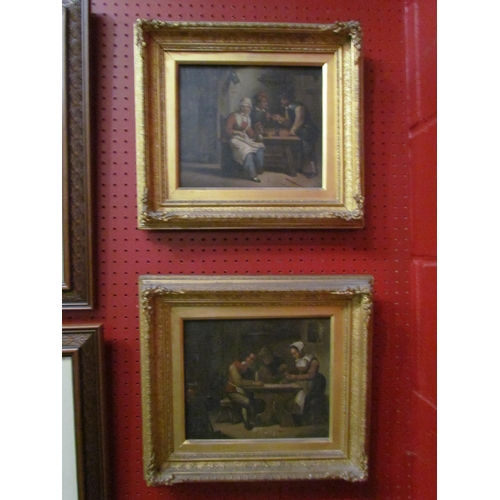 4106 - A pair of oils on canvas depicting tavern scenes, gilt gesso frames, 20cm x 24cm image sizes, a/f cr... 