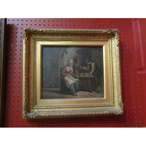 4106 - A pair of oils on canvas depicting tavern scenes, gilt gesso frames, 20cm x 24cm image sizes, a/f cr... 