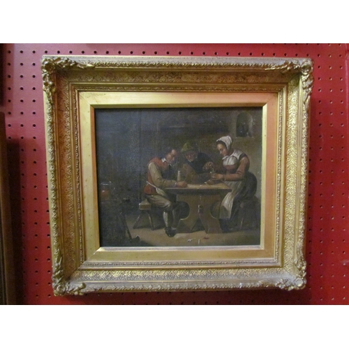 4106 - A pair of oils on canvas depicting tavern scenes, gilt gesso frames, 20cm x 24cm image sizes, a/f cr... 