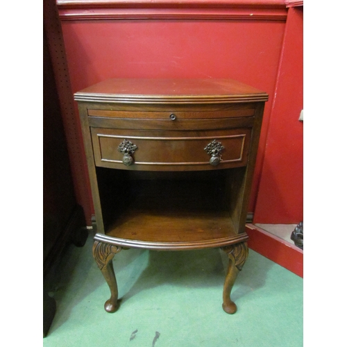 4108 - A flame mahogany bow front bedside cabinet with brushing slide over a single drawer and open shelf o... 