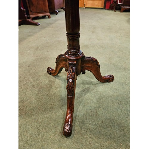 4008 - A 19th Century oak circular top wine table on a fruitwood turned and carved tripod base, 50cm tall x... 