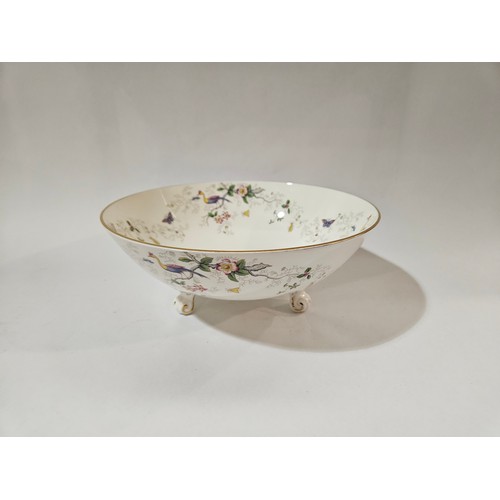 4117 - A Coalport bowl, white ground printed with exotic birds and branches, gilt rim, 26.5cm diameter