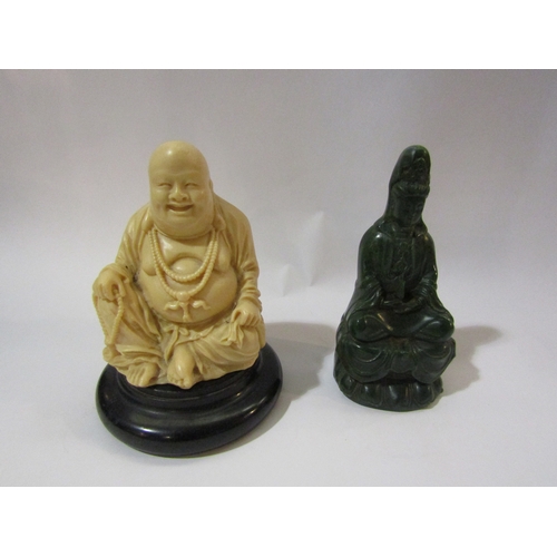 4234 - A green hardstone deity (possibly jadeite) and a Buddha on wooden stand (2)