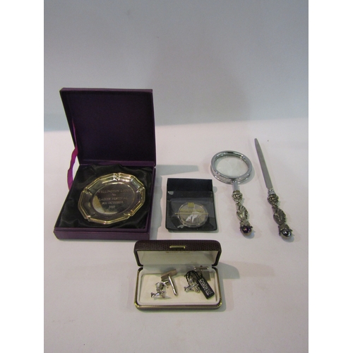 4371 - A letter opener and matching magnifying glass, pin dish and cufflinks etc