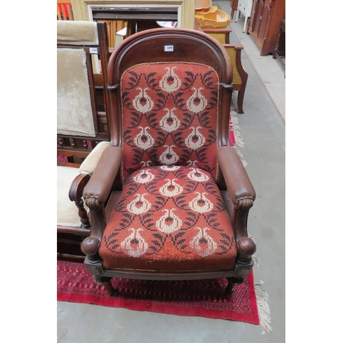 2402 - A Victorian mahogany armchair with a nice combination of a knitted seat and back with brown faux lea... 