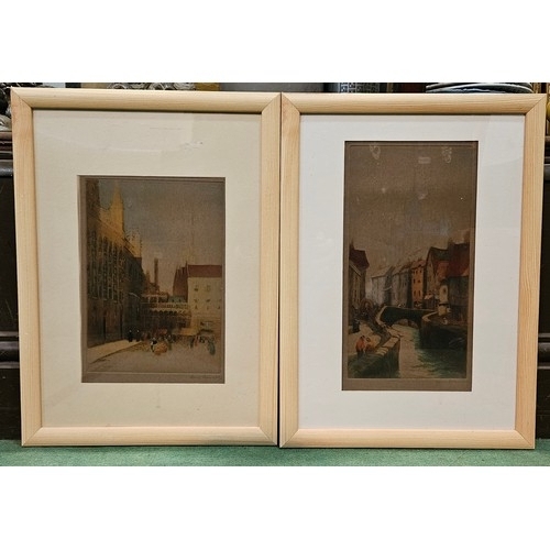 4244 - A pair of hand-coloured etchings of Bruges circa 1900 by David Donald, one of Bruges' market place, ... 