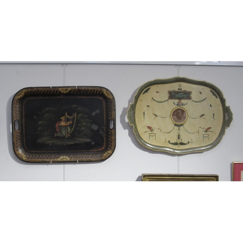 4069 - An Early 19th Century Regency toleware tray decorated with an image of David, 48cm x 66cm and wooden... 