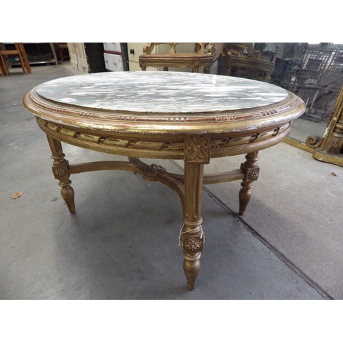 2004 - A French (Louis XVI) marble top oval occasional table, arrched stretcher, original gilt gesso finish... 