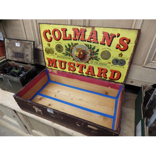 2019 - A painted pine box with Colmans Mustard advertising paper label to interior