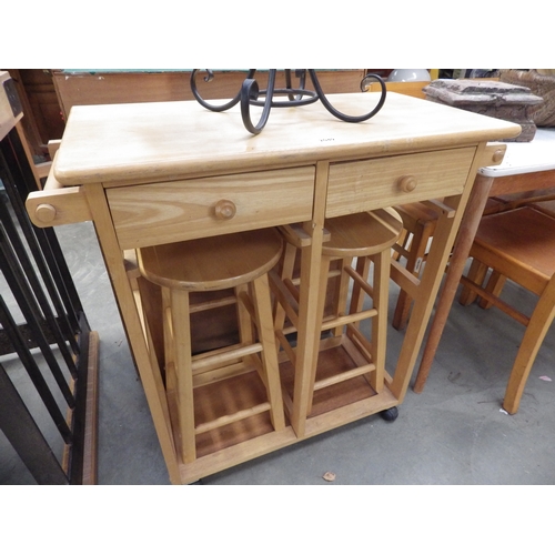 2049 - A beech kitchen work table and two stools