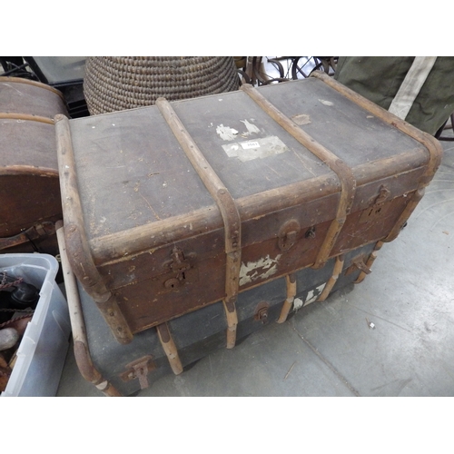 2061 - Two wooden bound canvas trunks