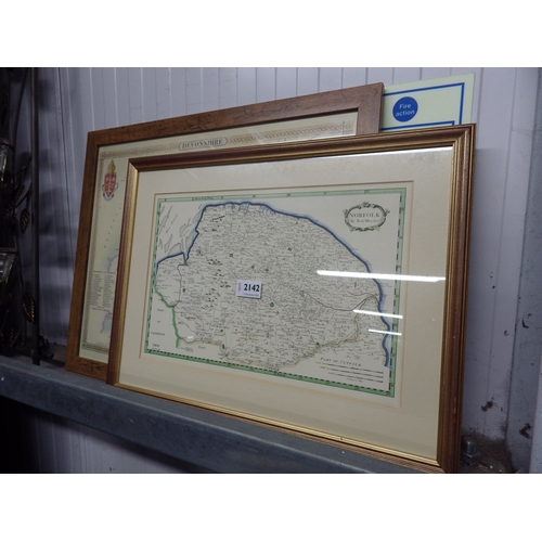 2142 - A framed and glazed map of Norfolk by Rob Morden and another of Deveonshire