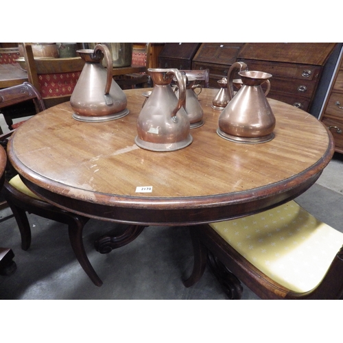 2170 - A Victorian mahogany circular top table on carved legs and castors    (E)  £10-20