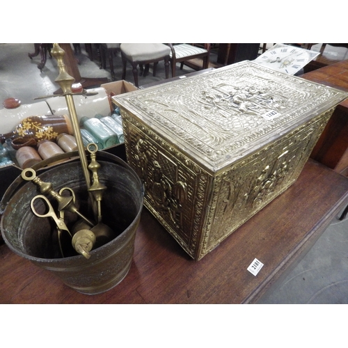 2182 - A brass embossed coal bucket, irons and a slipper box  (R)  £20