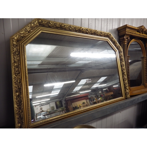 2208 - Two modern fancy gold framed mirrors and a mirror plate