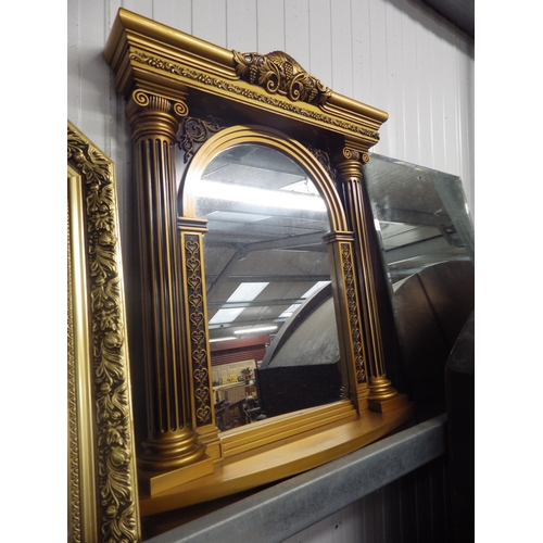 2208 - Two modern fancy gold framed mirrors and a mirror plate