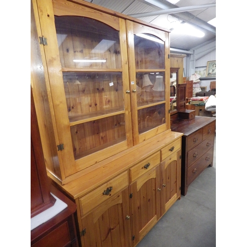 2308 - A modern pine dresser, twin glazed doors over three drawer, three door cupboard base  (E)  £20-30