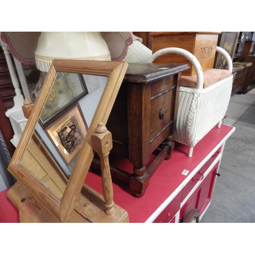 2337 - A Lloyd loom shoe box, an oak sewing box, mirror and a bread bin