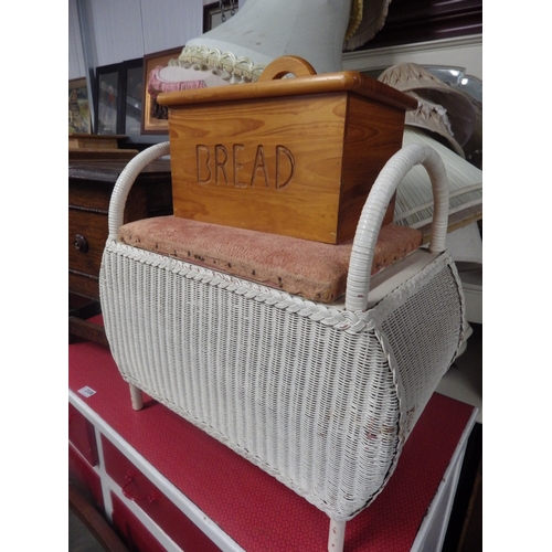 2337 - A Lloyd loom shoe box, an oak sewing box, mirror and a bread bin