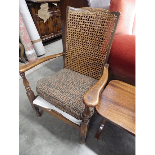 2370 - A 1930's cane back armchair, Victorian balloon back chair and stool and a mahogany occasional table