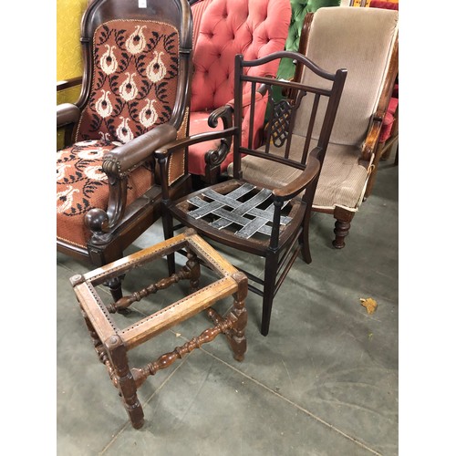 2405 - An Edwardian line inlaid mahogany elbow chair frame and oak stool frame  (E)  £3-6