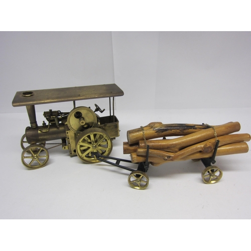 9563 - A Wilesco brass live steam traction engine and lumber trailer with log load