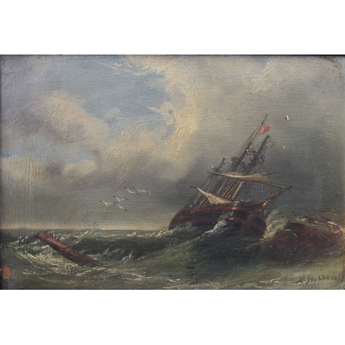 6030 - RALPH REUBEN STUBBS (c1820-1880) An ornate gilt framed oil on a book cover, ship crashing against ro... 