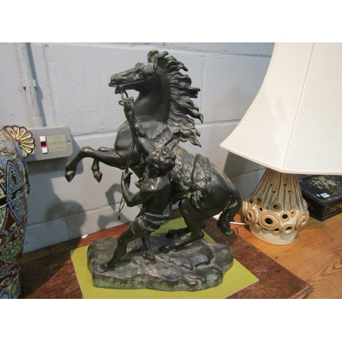 1013 - A pair of 19th Century bronze Marley horses, harness a/f to one, 50cm tall