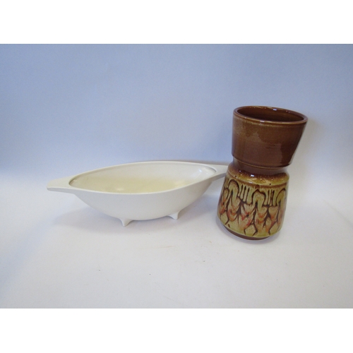 1443 - A Fulham, London cream glazed boat shaped dish, 36cm long, a Poole pottery waisted vase brown/beige ... 