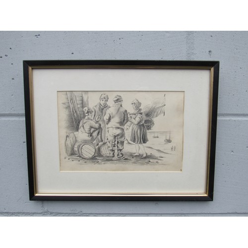 6063 - GEORGE SHEPHEARD (1770-1842) A framed and glazed pencil drawing, Fishing folk at Folkestone Harbour.... 