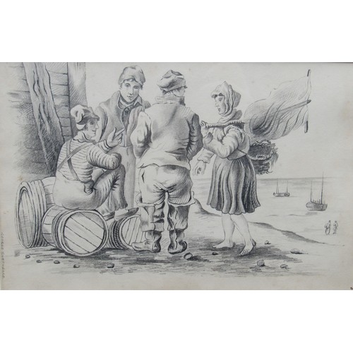 6063 - GEORGE SHEPHEARD (1770-1842) A framed and glazed pencil drawing, Fishing folk at Folkestone Harbour.... 