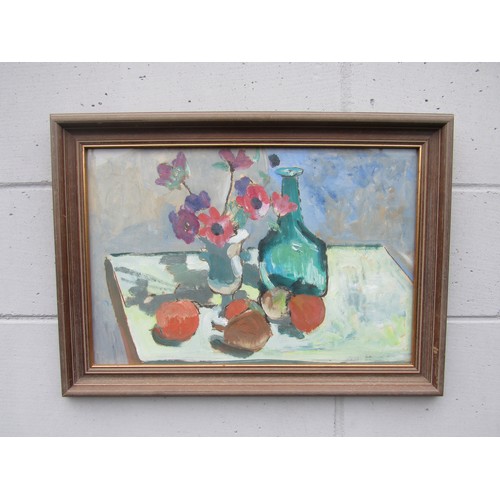 6118 - NANCY WEIR SHEPPARD (1890-1963) A framed and glazed oil on paper still life of a Bottle, flowers and... 