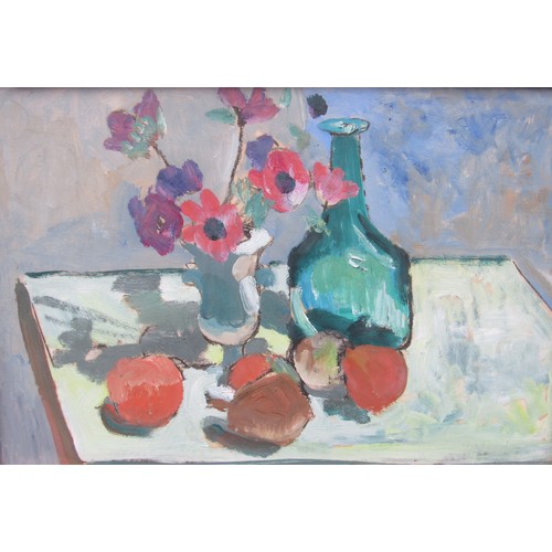 6118 - NANCY WEIR SHEPPARD (1890-1963) A framed and glazed oil on paper still life of a Bottle, flowers and... 