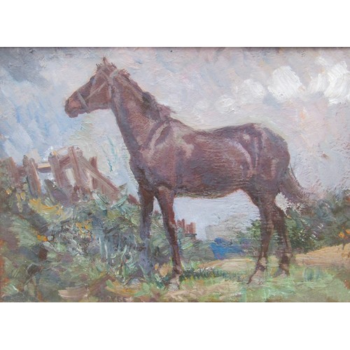 6109 - MARGARET THEYRE (1897-1977) A framed and glazed oil on board of a black horse in landscape. Signed b... 