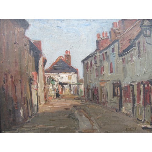 6045 - In the manner of Walter Sickert (1860-1942) An oil on wooden panel depicting a street scene. Indisti... 