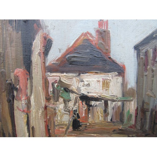 6045 - In the manner of Walter Sickert (1860-1942) An oil on wooden panel depicting a street scene. Indisti... 