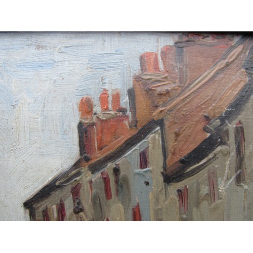 6045 - In the manner of Walter Sickert (1860-1942) An oil on wooden panel depicting a street scene. Indisti... 