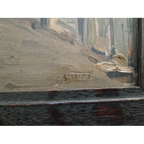 6045 - In the manner of Walter Sickert (1860-1942) An oil on wooden panel depicting a street scene. Indisti... 