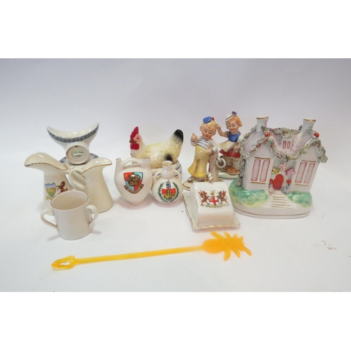 1326 - A box of miscellaneous to include chicken cruet, W.H. Goss crested china ware, pastille burner a/f, ... 