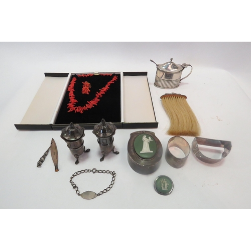 1340 - A box of small silver items; pepperettes, Wedgwood jasperware box and brooch, etc