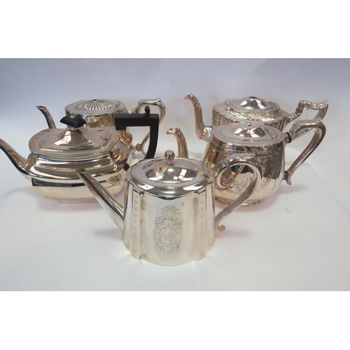 1356 - A collection of plated and EPNS teapots, ivory knops removed (5)