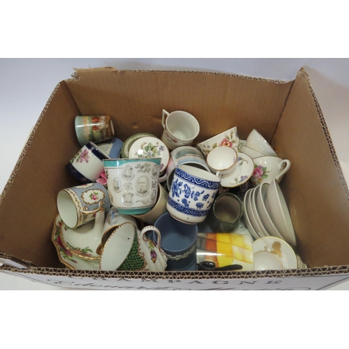 1363 - Two boxes of mixed ceramics, cups, saucers, coffee cans, including Dresden, Crown Devon