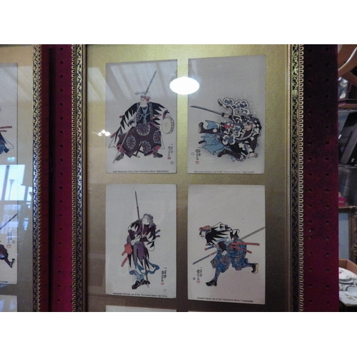 1040 - Two framed displays of 47 Ronin Japanese warriors postcards, 83cm x 27cm total each