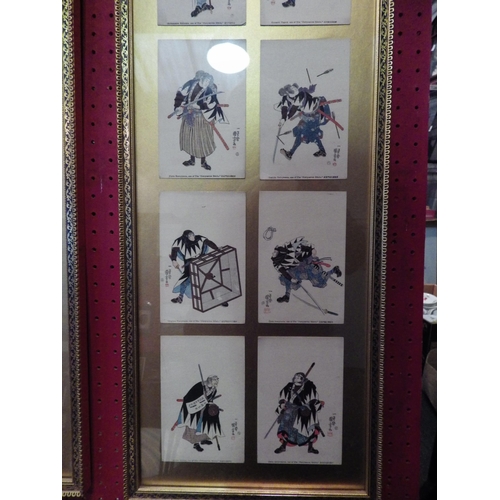 1040 - Two framed displays of 47 Ronin Japanese warriors postcards, 83cm x 27cm total each